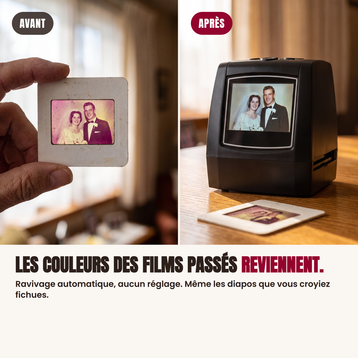 Une diapositive d&eacute;lav&eacute;e, et la m&ecirc;me photo aux couleurs raviv&eacute;es