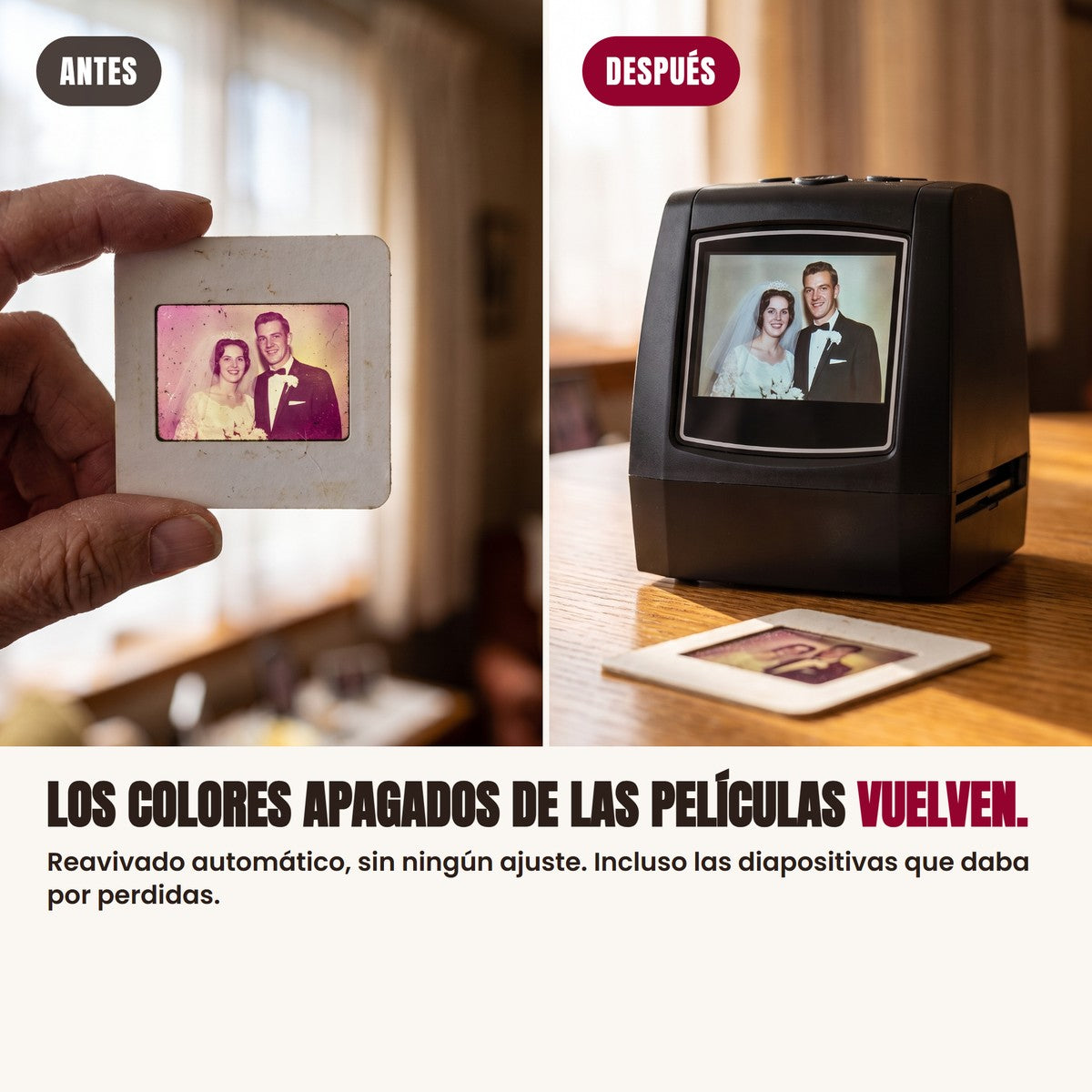 Una diapositiva descolorida y la misma foto con los colores reavivados