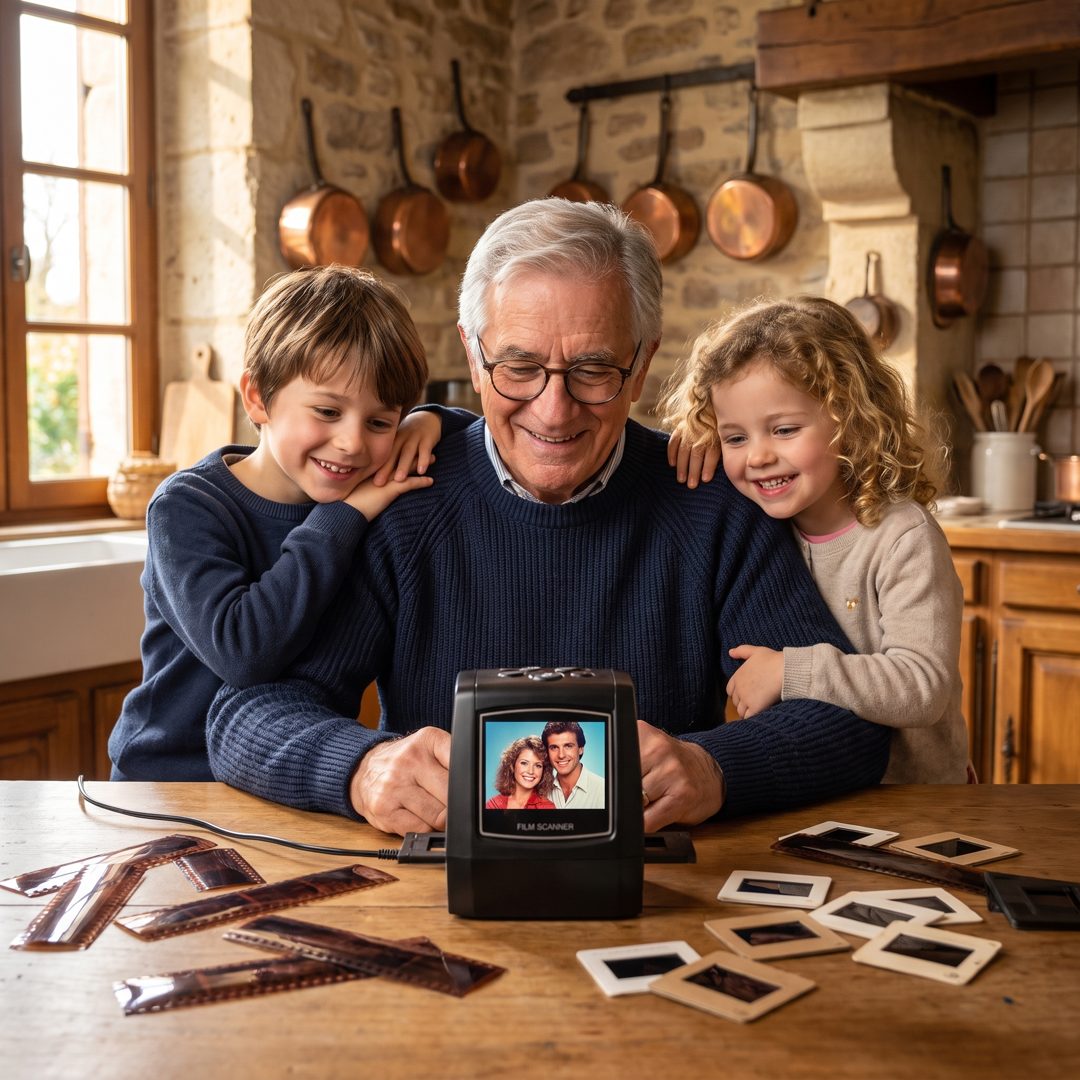 Un grand-père et ses petits-enfants découvrent une photo sur le scanner