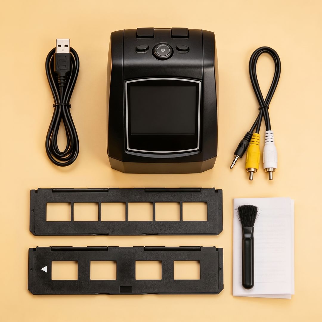Contenu de la boîte : scanner, supports, câbles, brosse